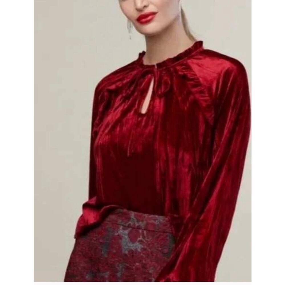 Rachel Parcell‎ Peasant Red Crinkle Velvet Neck Tie Balloon Sleeve Blouse Top S